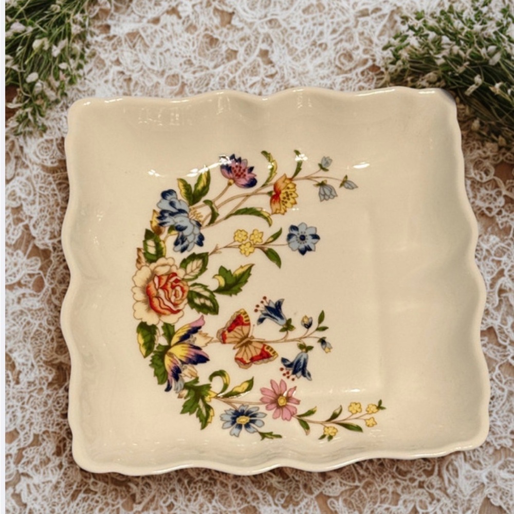 Aynsley England Bone China Square Dish Floral Butterfly Wavy Edge Trinket Dish